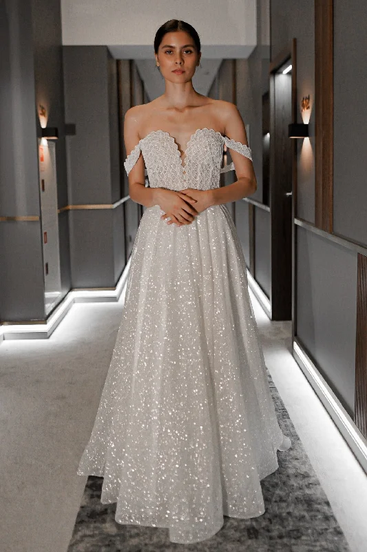 Ornate Lace Dress Shiny A-line Wedding Dress Coral