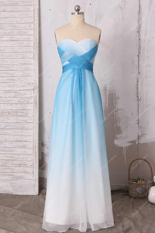 Criss-cross Blue to White Ombre Chiffon Floor Length Strapless Dress