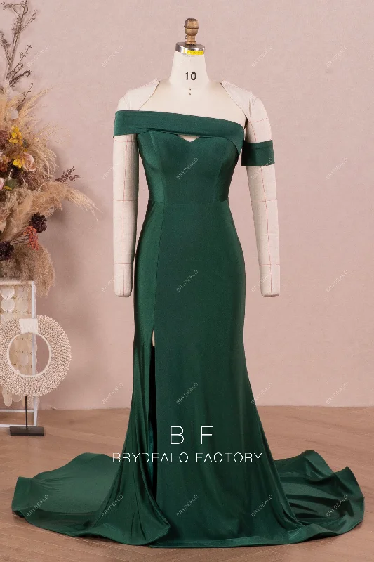 Strapless Dress Dark Green Off Shoulder Mermaid Trendy Jersey Slit Bridesmaid Dress