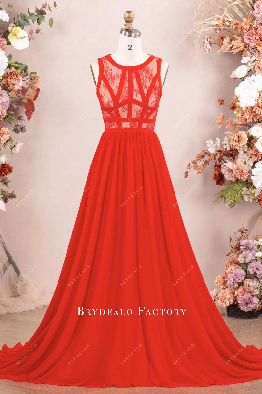 Off-Shoulder Dress Designer Red Sleeveless Lace Chiffon Formal Dress