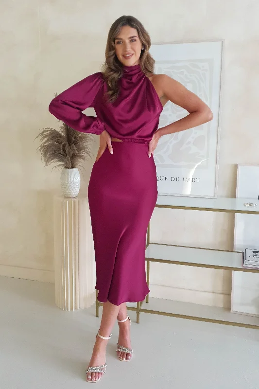 Gold Embroidered Dress Anysa Soft Satin One Sleeve Midi Dress | Plum