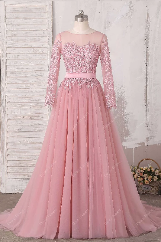 Garden Wedding Dress Dusty Pink Lace Tulle Sheer Long Sleeves Elegant Dress