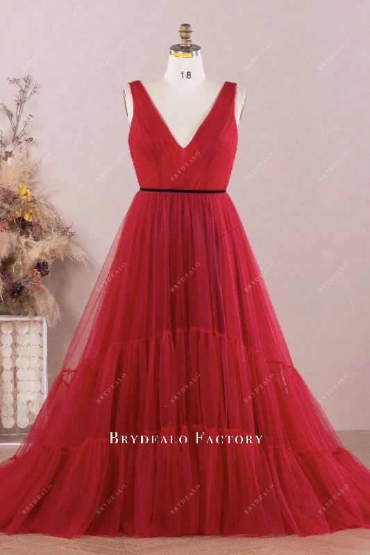 Rhinestone Embellished Gown Plus Size Burgundy Tulle V-neck Long Bridesmaid Dress