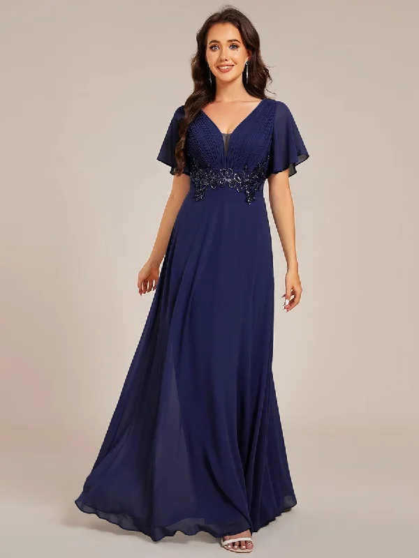 Elegant Pleated Short Sleeve Deep V-Neck Maxi Formal Evening Dress