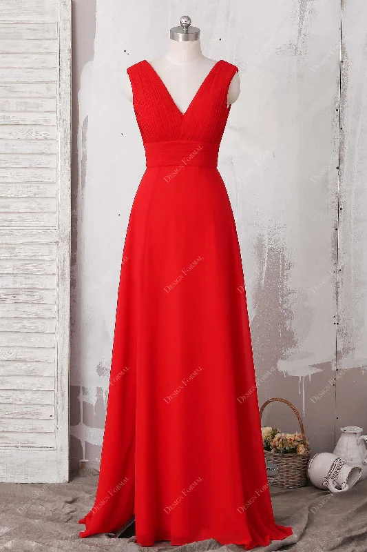 Chic Wedding Gown Elegant Red Chiffon V-neck Slit Simple A-line Formal Dress