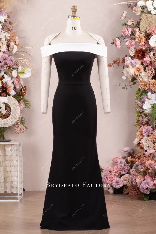 Long Train Gown Elegant White Black Crepe Fit Flare Formal Dress