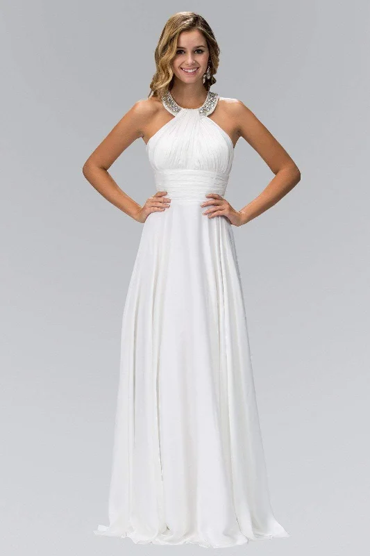 Elizabeth K - GL1013 Beaded Halter Empire Charmeuse Long Dress