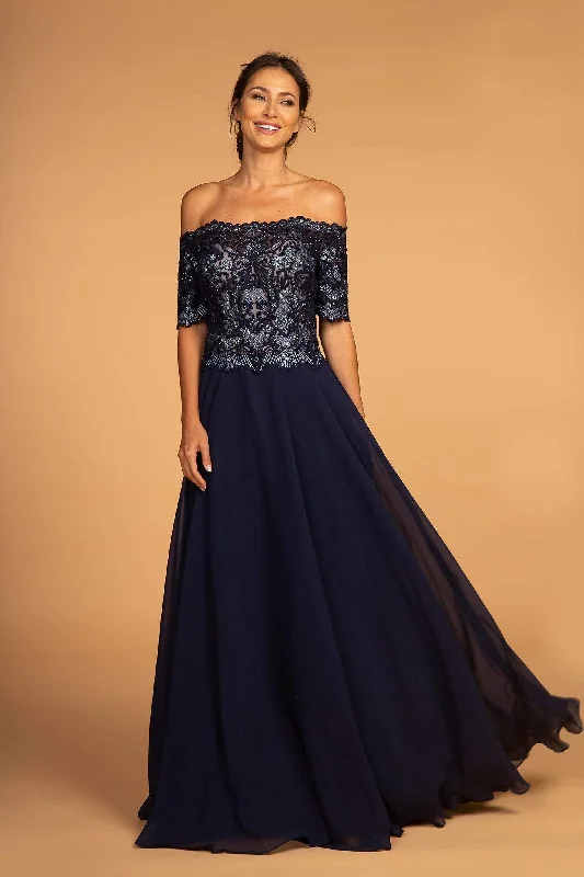 Sparkly Gown Elizabeth K - GL2525 Embroidered Off-Shoulder Chiffon A-line Dress
