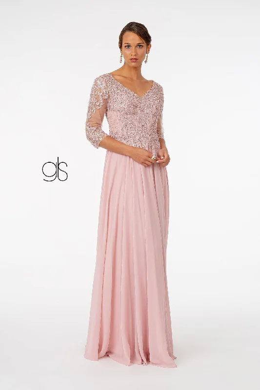 Short Sleeve Dress Embroidered Bodice Evening Long Formal Dress