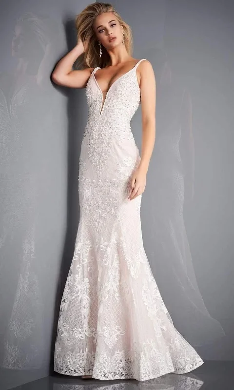 Sheer Sleeve Dress Jovani 66792 Embroidered Deep V Neck Trumpet Dress