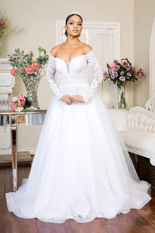 High Slit Gown Long Sleeve Off Shoulder Mesh Wedding Gown
