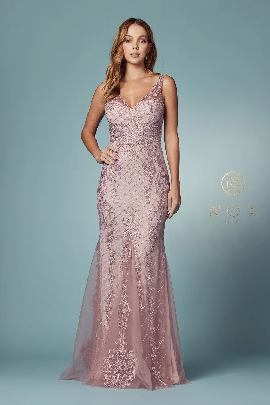 Off-Shoulder Lace Gown Embroidered Sleeveless Mermaid Dress by Nox Anabel A398