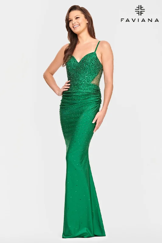 Emerald Green V Neck Dress With Corset Back And Rhinestone Beading