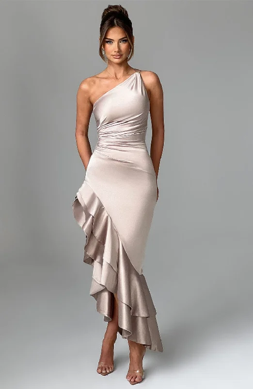 Silver Embellished Gown Esmeraya Maxi Dress - Champagne