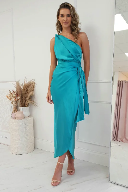 High-Fashion Wedding Gown Estelle One Shoulder Satin Midi Dress | Aqua