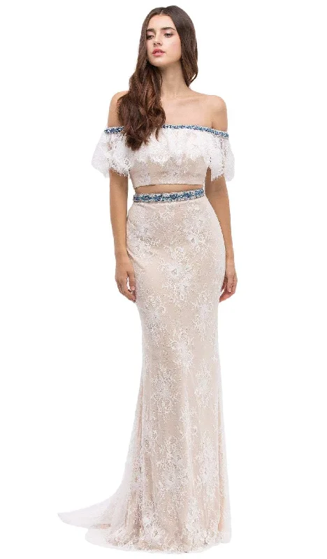 Pleated Gown Eureka Fashion - Off-Shoulder Two-Piece Lace Mermaid Evening Gown