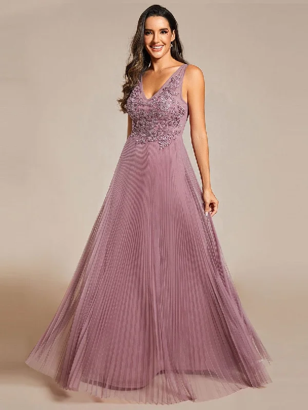 Exquisite Applique Embroidery Bodice Sleeveless A-Line Tulle Evening Dress