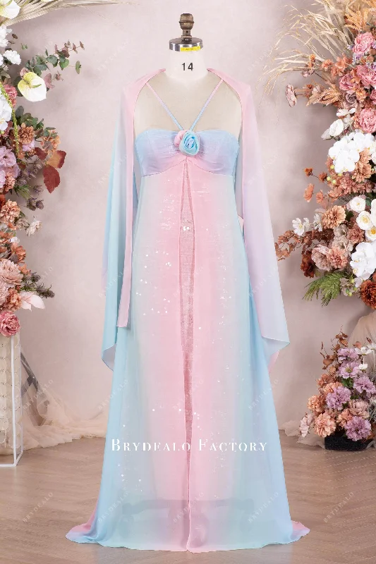 One-Shoulder Gown Fairy Ombre Chiffon Shawl Halter Neck Bridesmaid Dress