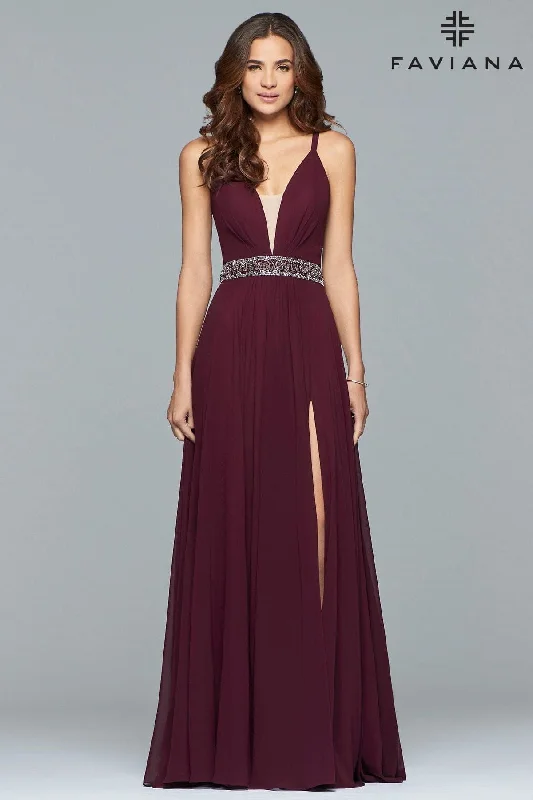 Long Chiffon V-Neck Dress With Beaded Waistband