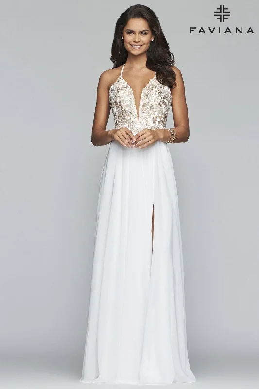 Deep V Neck Long Dress With Chiffon And Applique Bodice