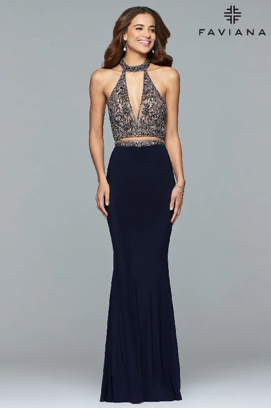 Two-Piece Long Jersey Halter Dress With Beaded Bodice