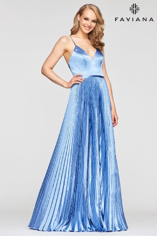 Long Charmeuse Prom Dress With Pleated Skirt And V Neckline