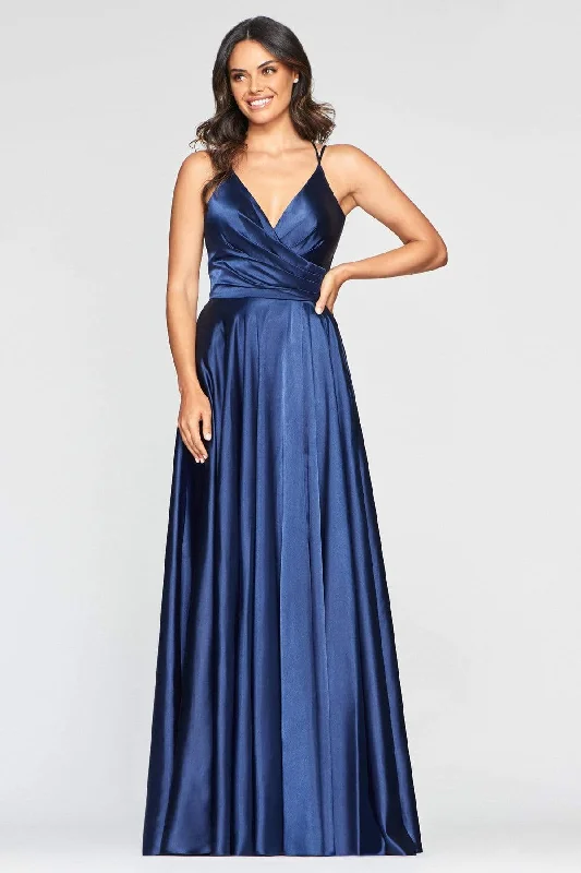 Vintage Lace Dress Faviana - S10429 V Neck Pleated Bodice Lace-Up back Satin Gown