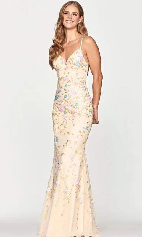 Ruched Bodice Dress Faviana - S10653 Floral Sequined V Neck Long Gown