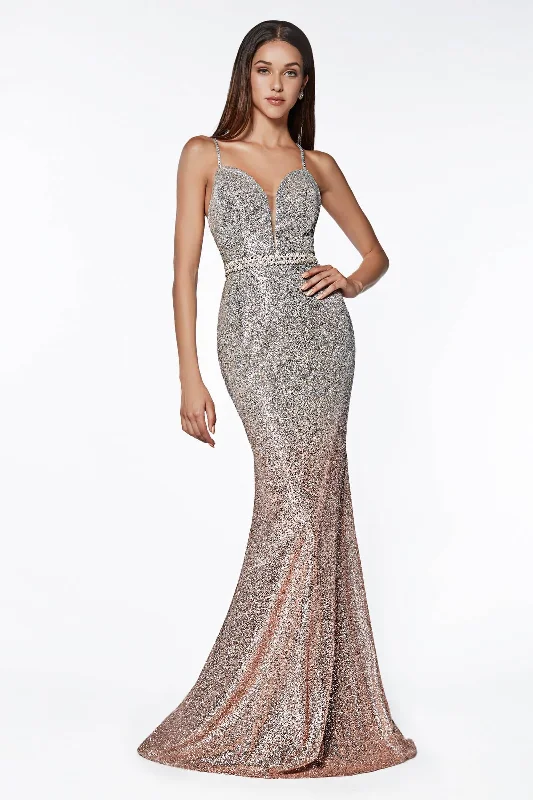 Cinderella Divine CJ509 Long Glitter Metallic Prom Gown