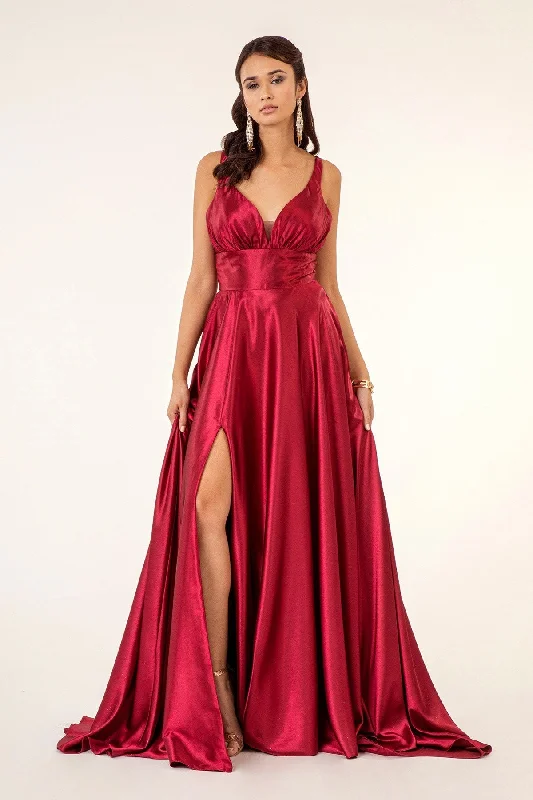 GL 2963 - Stretch Satin A-Line Prom Gown with Ruched V-Neck Bodice & Strappy Back