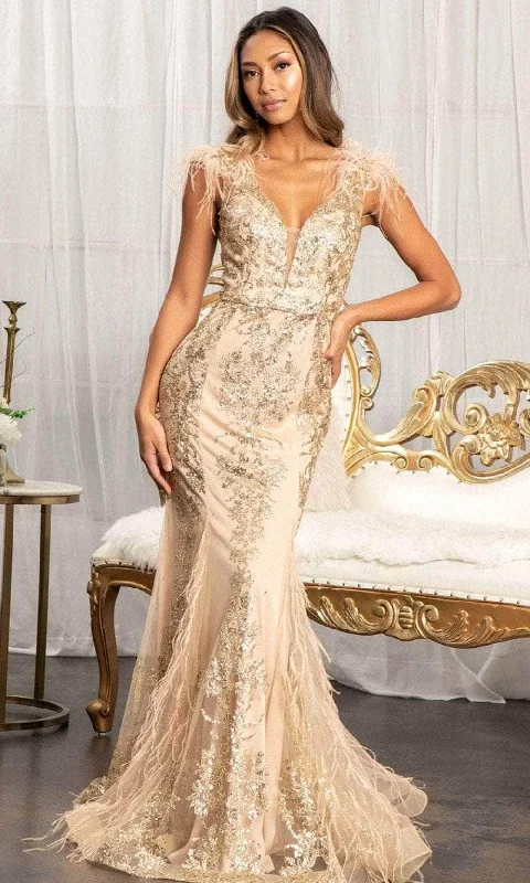 Backless Gown GLS by Gloria GL1983 - Feathered Glitter Mermaid Evening Dress