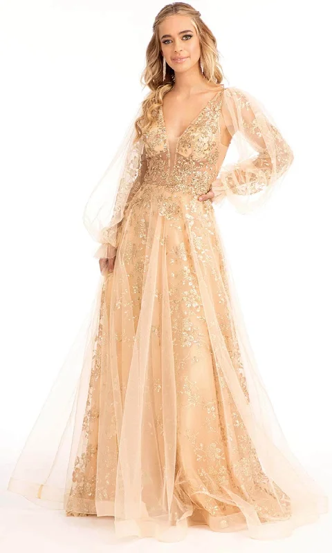 Grand Ballroom Gown GLS by Gloria GL3001 - Long Puffed Sleeves Deep V-neck Evening Gown