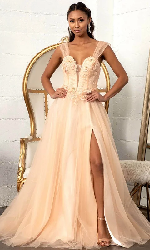 Puffy Sleeve Dress GLS by Gloria GL3007 - Illusion Plunging V-neck Long Gown