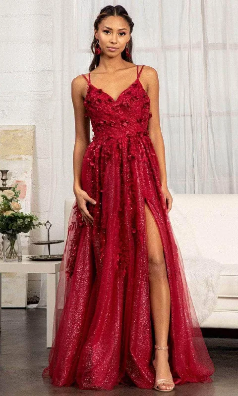 Modern Minimalist Gown GLS by Gloria GL3033 - Appliqued V-Neck Prom Gown