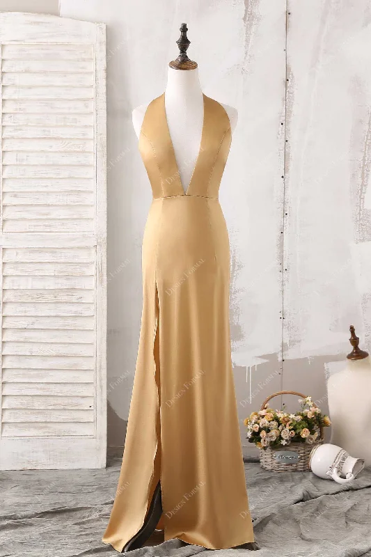 Gold Halter Neck Sexy Plunging Open Back Simple Formal Dress