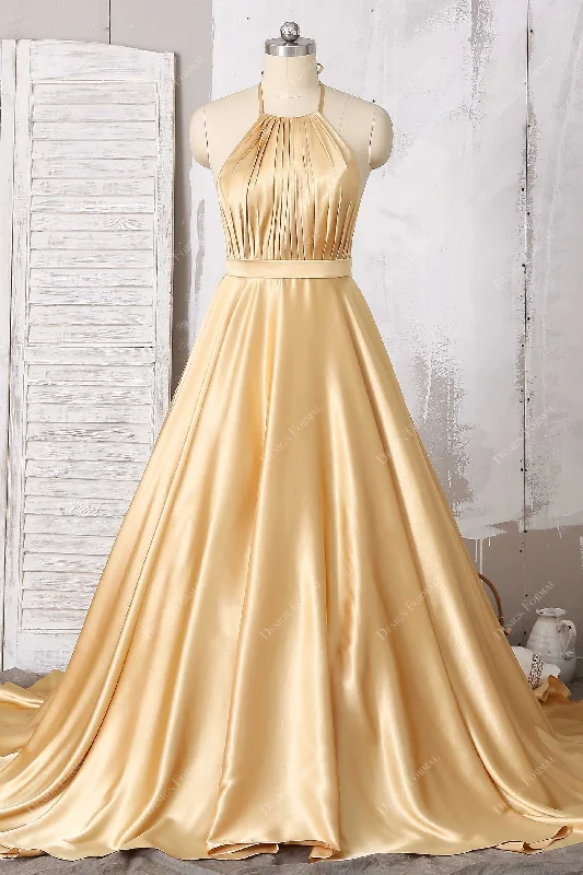Custom Fit Gown Gold Satin Pleated Halter Open Back Simple A-line Long Dress