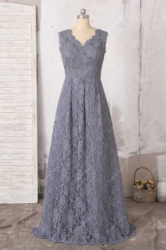 Grey Lace Scalloped V-neck Sleeveless Floor Length Formal Dress