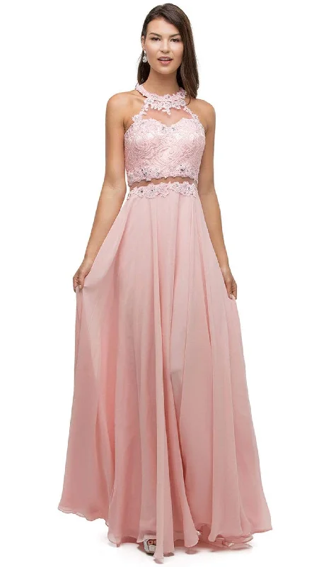 Floral Gown Dancing Queen - 9548 Jeweled Illusion Halter Chiffon Prom Dress