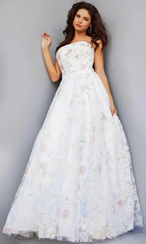 Silk Organza Gown Jovani 07966 - Subtle Floral Straight Neck Gown