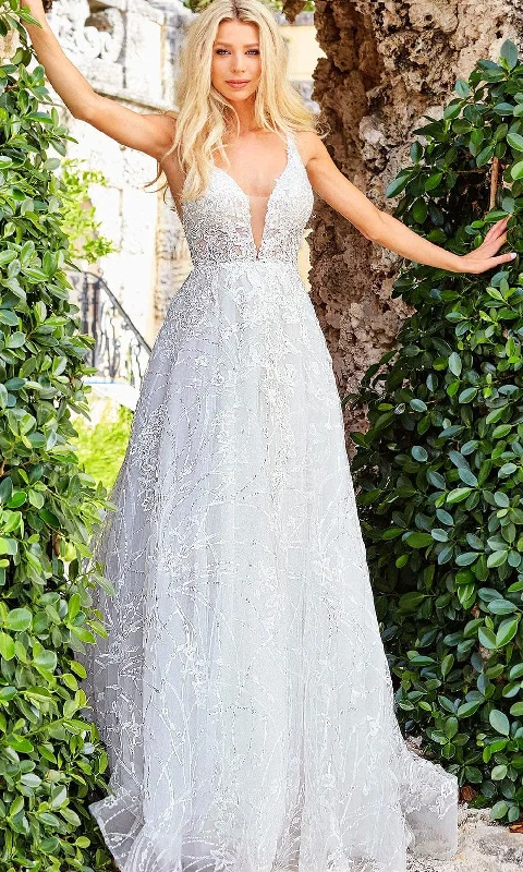 Handcrafted Wedding Gown Jovani Bridal JB07646 - Glitter Lace V-Neck Bridal Gown