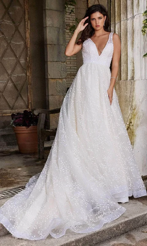 Crystal Embellished Dress Jovani Bridal JB09491 - V-Neck Belted Waist Bridal Gown