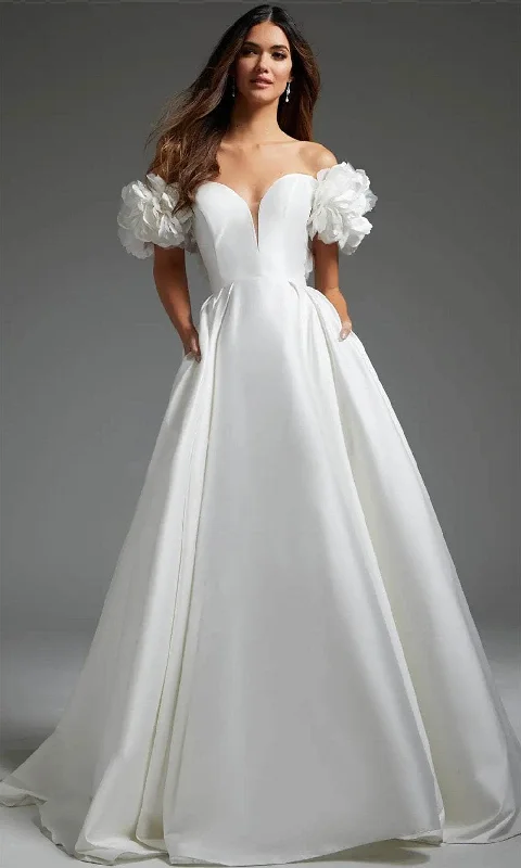 Scalloped Lace Dress Jovani JB40795 - Off Shoulder Pleated A-Line Bridal Gown