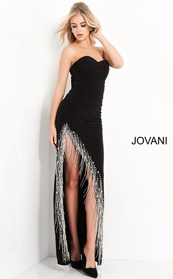 Chic Minimalist Dress Jovani 03972 Long Strapless Fringe Prom Dress