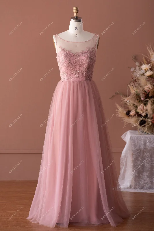 Tea-Length Dress Keyhole Back Beaded Lace Tulle Bridesmaid Dress