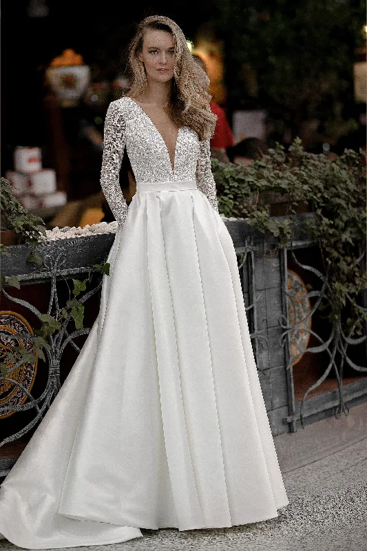Sheer Sleeve Dress A-line Mikado Wedding Dress Koussindy
