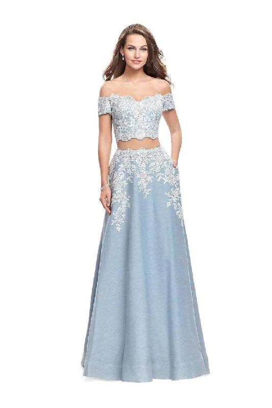 Sleeveless Dress La Femme - 25655 Lace Applique Two Piece Denim A-line Gown