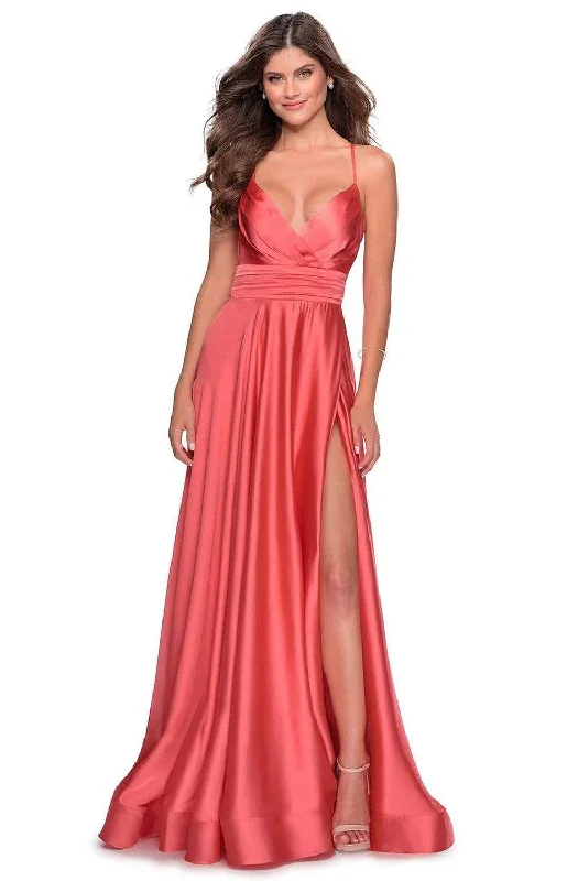 Ruffled Ball Gown La Femme - 28571 Satin Deep V-neck A-line Gown