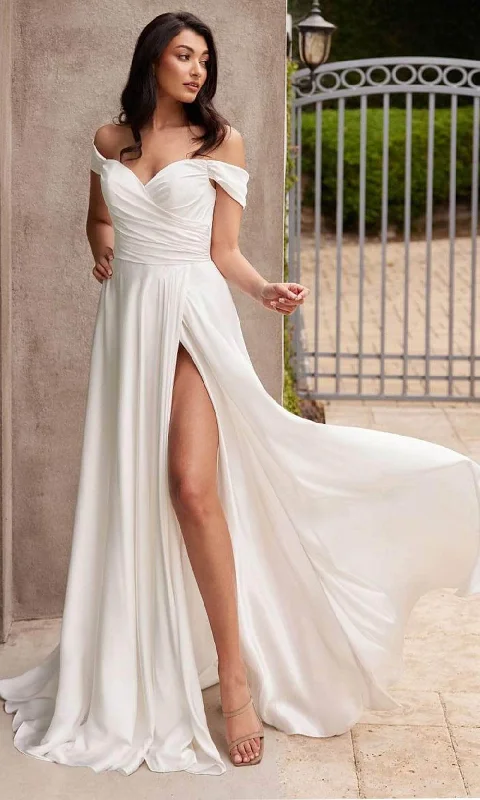 Embroidered Satin Dress Ladivine 7493W - Gathered Off Shoulder Bridal Dress