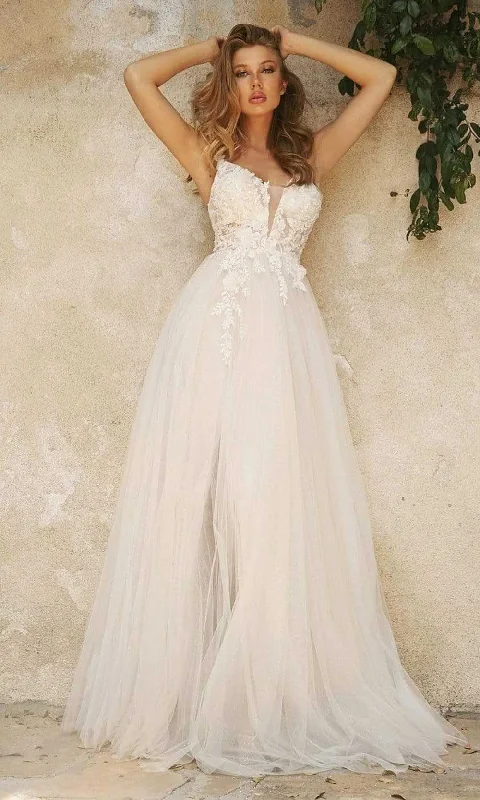 Off-White Dress Ladivine Bridal CB072W - Floral Appliqued A-Line Gown