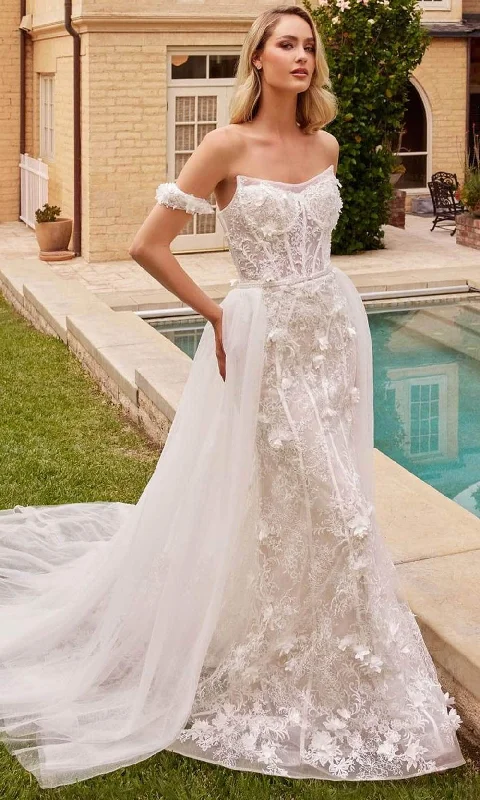 Short Sleeve Dress Ladivine CD861W - Strapless Lace Applique Embellished Bridal Gown